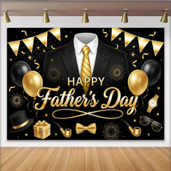 Lofaris Toile de fond noire et or pour la Fête des Pères avec costume et ballons, élégant décor de célébration pour papa