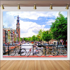 Lofaris Toile de fond de photographie paysage urbain avec canal et vélos, décor de ville historique pour studio photo et événements