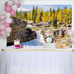 Lofaris Toile de fond de photographie chute d'eau avec rochers et forêt d'automne, magnifique arrière-plan de paysage naturel pour studio photo