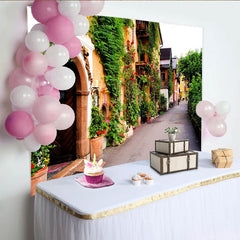 Lofaris Toile de fond de photographie village fleuri avec lierre et roses rouges, magnifique arrière-plan de scène de rue pour studio photo