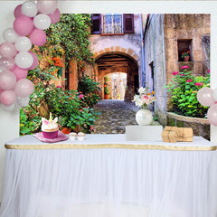 Lofaris Toile de fond de photographie ruelle fleurie avec murs en pierre et arche, décor pittoresque pour studio photo professionnel