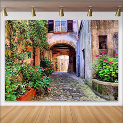 Lofaris Toile de fond de photographie ruelle fleurie avec murs en pierre et arche, décor pittoresque pour studio photo professionnel