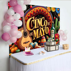 Lofaris Toile de fond festive Cinco de Mayo avec guitare, maracas et cactus, magnifique décor pour célébration mexicaine