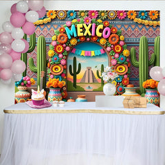 Lofaris Toile de fond mexicaine avec pyramide et cactus colorés, arrière-plan vibrant pour studio photo et événements festifs