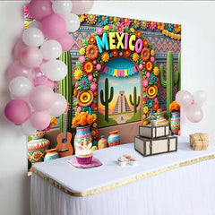 Lofaris Toile de fond mexicaine avec pyramide et cactus colorés, arrière-plan vibrant pour studio photo et événements festifs