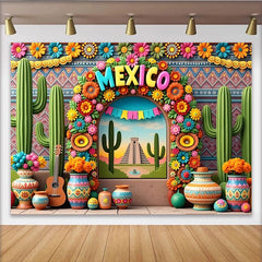 Lofaris Toile de fond mexicaine avec pyramide et cactus colorés, arrière-plan vibrant pour studio photo et événements festifs