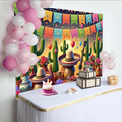 Lofaris. Toile de fond vibrante pour fête mexicaine avec cactus et sombreros, arrière-plan coloré guitare et ballons pour studio photo