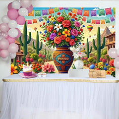 Lofaris Toile de fond de Fiesta Mexicaine avec fleurs colorées et cactus, magnifique décor pour célébration festive et séance photo