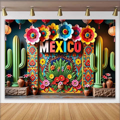 Lofaris Toile de fond colorée pour fiesta mexicaine avec cactus et fleurs, magnifique arrière-plan de fête pour célébration ou studio photo
