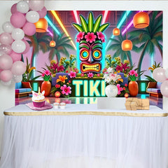 Lofaris Toile de fond de photographie tiki néon avec masque et palmiers lumineux, décor tropical vibrant pour studio photo