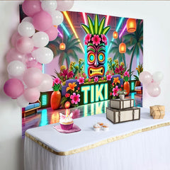 Lofaris Toile de fond de photographie tiki néon avec masque et palmiers lumineux, décor tropical vibrant pour studio photo