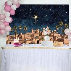 Lofaris Toile de fond de la Nativité avec étoile de Bethléem et ciel étoilé, décor de village désertique pour célébration de Noël