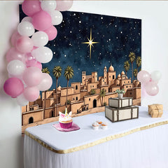 Lofaris Toile de fond de la Nativité avec étoile de Bethléem et ciel étoilé, décor de village désertique pour célébration de Noël