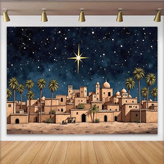 Lofaris Toile de fond de la Nativité avec étoile de Bethléem et ciel étoilé, décor de village désertique pour célébration de Noël