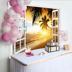 Lofaris Toile de fond de photographie fenêtre sur paysage tropical coucher de soleil, arrière-plan plage avec palmiers pour studio photo