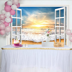 Lofaris Toile de fond de photographie coucher de soleil sur la plage avec fenêtre ouverte, magnifique arrière-plan pour studio photo