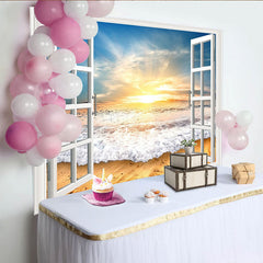 Lofaris Toile de fond de photographie coucher de soleil sur la plage avec fenêtre ouverte, magnifique arrière-plan pour studio photo
