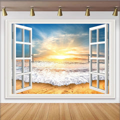 Lofaris Toile de fond de photographie coucher de soleil sur la plage avec fenêtre ouverte, magnifique arrière-plan pour studio photo