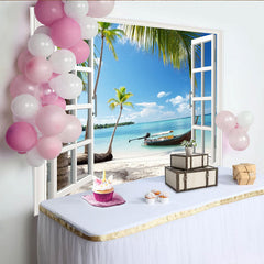Lofaris Toile de fond de photographie vue sur plage tropicale avec fenêtre ouverte, arrière-plan estival pour studio photo et décoration murale