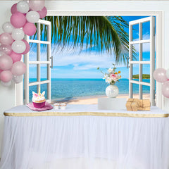 Lofaris Toile de fond de photographie fenêtre ouverte sur la mer, décor de plage tropicale avec palmiers pour studio photo