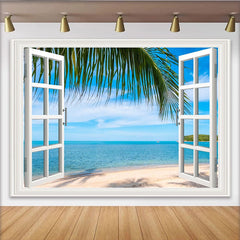 Lofaris Toile de fond de photographie fenêtre ouverte sur la mer, décor de plage tropicale avec palmiers pour studio photo