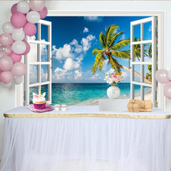 Lofaris Toile de fond de photographie fenêtre ouverte sur plage tropicale, magnifique arrière-plan de paysage marin pour studio photo