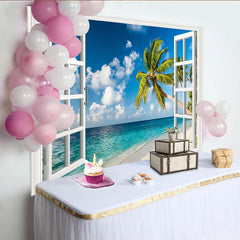 Lofaris Toile de fond de photographie fenêtre ouverte sur plage tropicale, magnifique arrière-plan de paysage marin pour studio photo