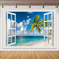 Lofaris Toile de fond de photographie fenêtre ouverte sur plage tropicale, magnifique arrière-plan de paysage marin pour studio photo