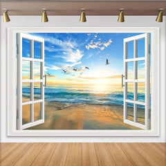 Lofaris Toile de fond de photographie fenêtre ouverte sur mer au coucher du soleil, arrière-plan de plage avec mouettes pour studio photo