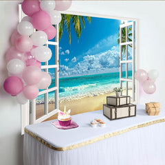 Lofaris Toile de fond de photographie vue sur mer tropicale avec fenêtre ouverte, arrière-plan de plage pour studio photo