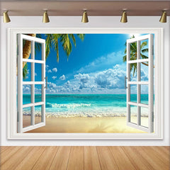Lofaris Toile de fond de photographie vue sur mer tropicale avec fenêtre ouverte, arrière-plan de plage pour studio photo