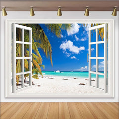 Lofaris Toile de fond de photographie fenêtre ouverte sur une plage tropicale, arrière-plan de paysage marin pour studio photo et décoration