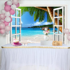 Lofaris Toile de fond de photographie fenêtre ouverte sur la plage tropicale et palmiers, magnifique arrière-plan estival pour studio photo