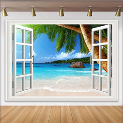 Lofaris Toile de fond de photographie fenêtre ouverte sur la plage tropicale et palmiers, magnifique arrière-plan estival pour studio photo