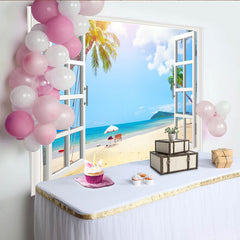 Lofaris Toile de fond de photographie plage tropicale avec fenêtre ouverte et palmiers, magnifique arrière-plan estival pour studio photo