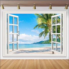 Lofaris Toile de fond de photographie vue de fenêtre sur la plage tropicale, magnifique arrière-plan de mer avec palmiers pour studio photo