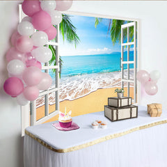 Lofaris Toile de fond de photographie plage tropicale avec fenêtre, magnifique décor de studio photo paysage marin