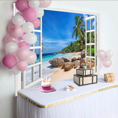 Lofaris Toile de fond de photographie plage tropicale avec fenêtre ouverte, magnifique arrière-plan ciel bleu et palmiers pour studio photo