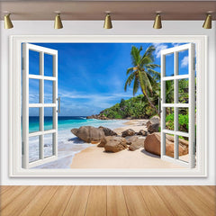 Lofaris Toile de fond de photographie plage tropicale avec fenêtre ouverte, magnifique arrière-plan ciel bleu et palmiers pour studio photo