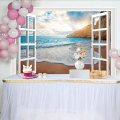 Lofaris Toile de fond de photographie vue sur mer avec fenêtre ouverte et plage, magnifique arrière-plan estival pour studio photo