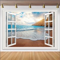 Lofaris Toile de fond de photographie vue sur mer avec fenêtre ouverte et plage, magnifique arrière-plan estival pour studio photo