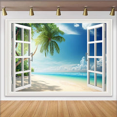 Lofaris Toile de fond de photographie paysage tropical avec fenêtre ouverte et palmier, arrière-plan de plage d'été pour studio photo