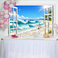 Lofaris Toile de fond de photographie vue sur mer avec fenêtre ouverte et vagues bleues, magnifique arrière-plan de plage tropicale