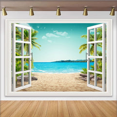 Lofaris Toile de fond de photographie fenêtre ouverte sur plage tropicale, arrière-plan estival avec mer turquoise et palmiers