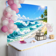 Lofaris Toile de fond de photographie paysage de plage tropicale avec vagues et palmiers, magnifique arrière-plan pour studio photo