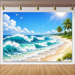 Lofaris Toile de fond de photographie paysage de plage tropicale avec vagues et palmiers, magnifique arrière-plan pour studio photo