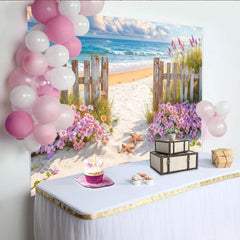 Lofaris Toile de fond de photographie bord de mer avec clôture en bois et fleurs, arrière-plan de plage ensoleillé pour studio