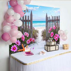 Lofaris Toile de fond de photographie de plage avec fleurs roses, arrière-plan d'océan bleu et étoiles de mer pour studio photo