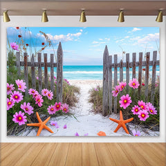 Lofaris Toile de fond de photographie de plage avec fleurs roses, arrière-plan d'océan bleu et étoiles de mer pour studio photo