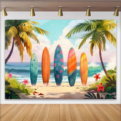 Lofaris Toile de fond de photographie plage d'été avec planches de surf et palmiers, arrière-plan tropical coloré pour studio photo